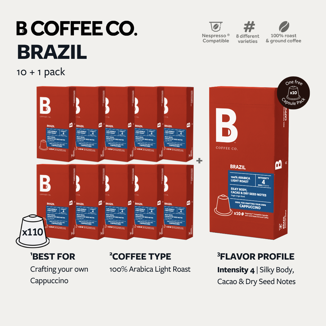 
                  
                    B Coffee Co. Brazil Cappuccino Nespresso Compatible Coffee Capsules 10 Pods per Pack
                  
                