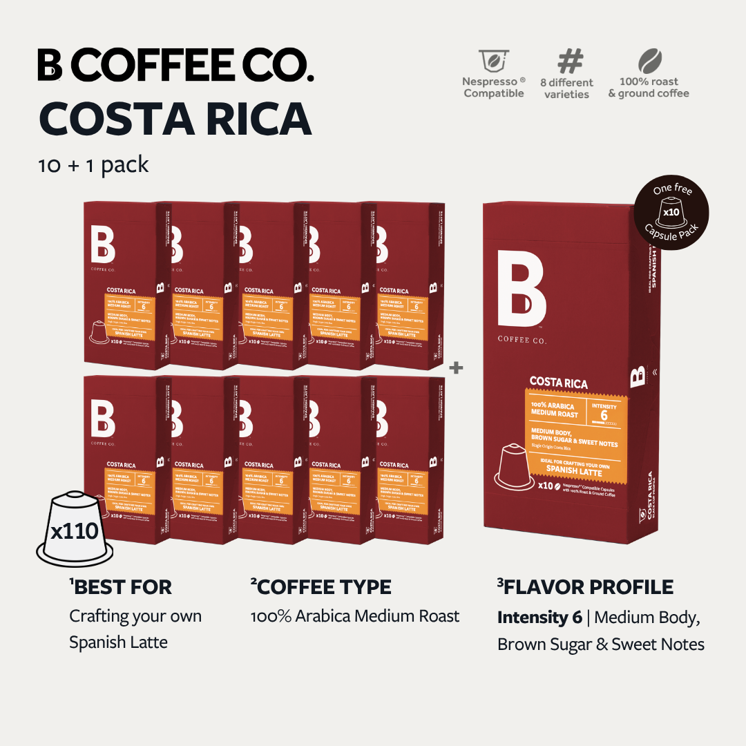 
                  
                    B Coffee Co. Costa Rica Spanish Latte Nespresso Compatible Coffee Capsules 10 Pods per Pack
                  
                
