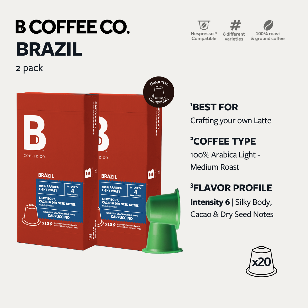 
                  
                    B Coffee Co. Brazil Cappuccino Nespresso Compatible Coffee Capsules 10 Pods per Pack
                  
                
