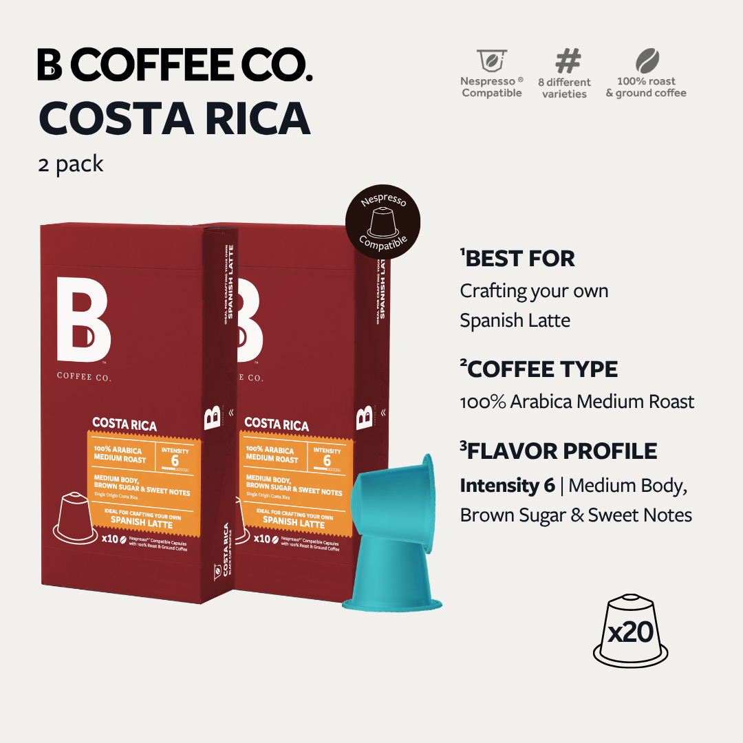 
                  
                    B Coffee Co. Costa Rica Spanish Latte Nespresso Compatible Coffee Capsules 10 Pods per Pack
                  
                
