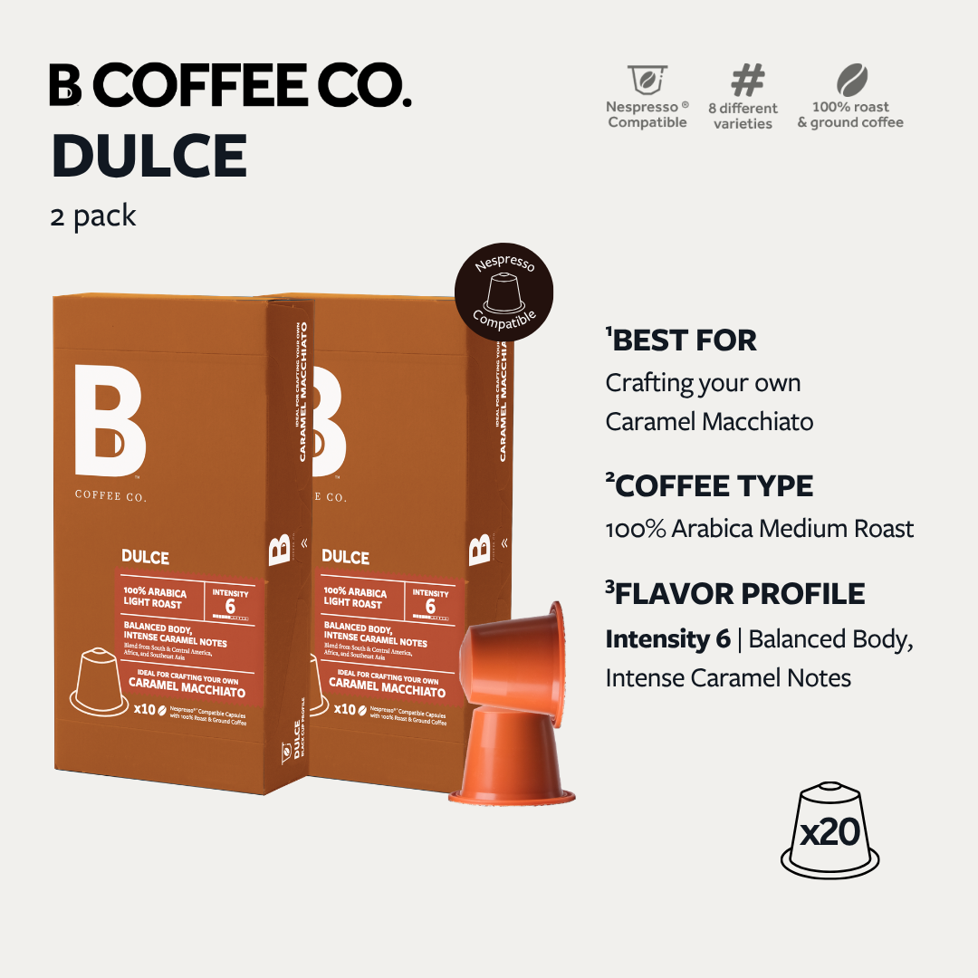 
                  
                    B Coffee Co. Dulce Caramel Macchiato Nespresso Compatible Coffee Capsules 10 Pods per Pack
                  
                
