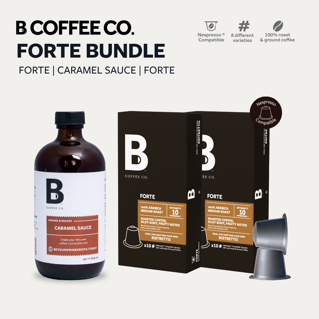 
                  
                    B Coffee Co. Forte Bundle Pack, Nespresso Compatible Coffee Capsules - 2 Packs + Caramel Syrup
                  
                