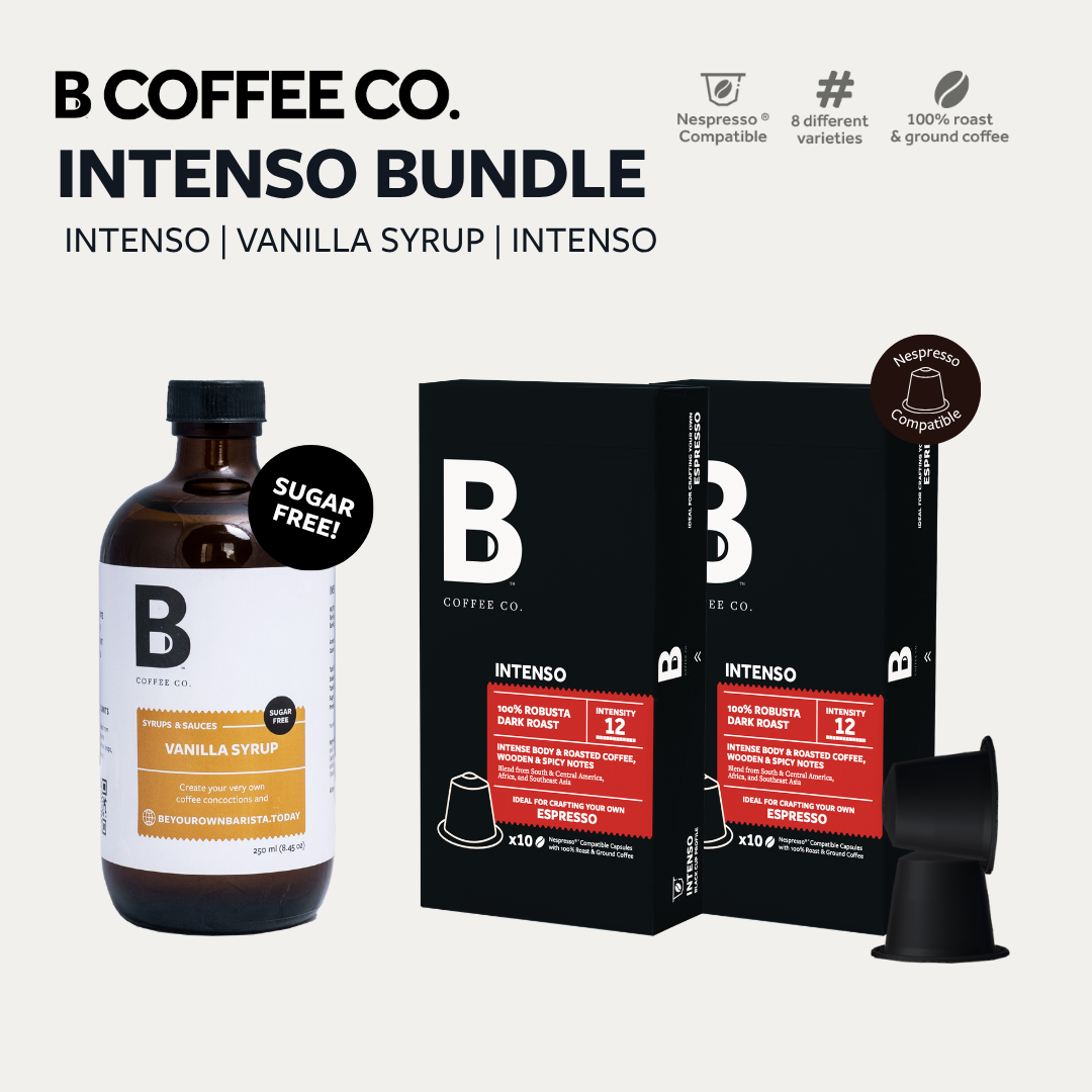 
                  
                    B Coffee Co. Intenso Bundle Pack, Nespresso Compatible Coffee Capsules - 2 Packs + Vanilla Syrup
                  
                