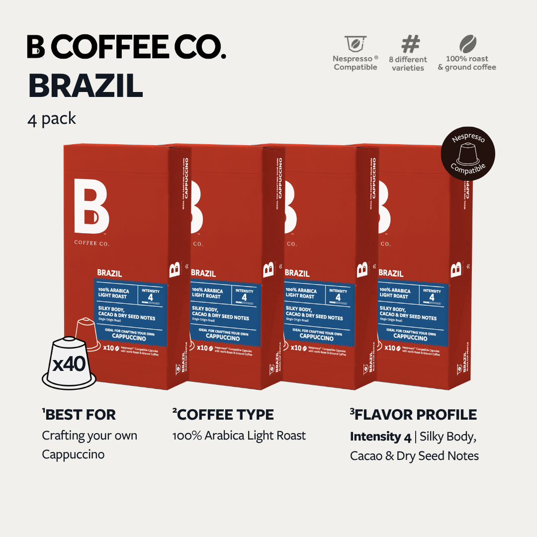 
                  
                    B Coffee Co. Brazil Cappuccino Nespresso Compatible Coffee Capsules 10 Pods per Pack
                  
                