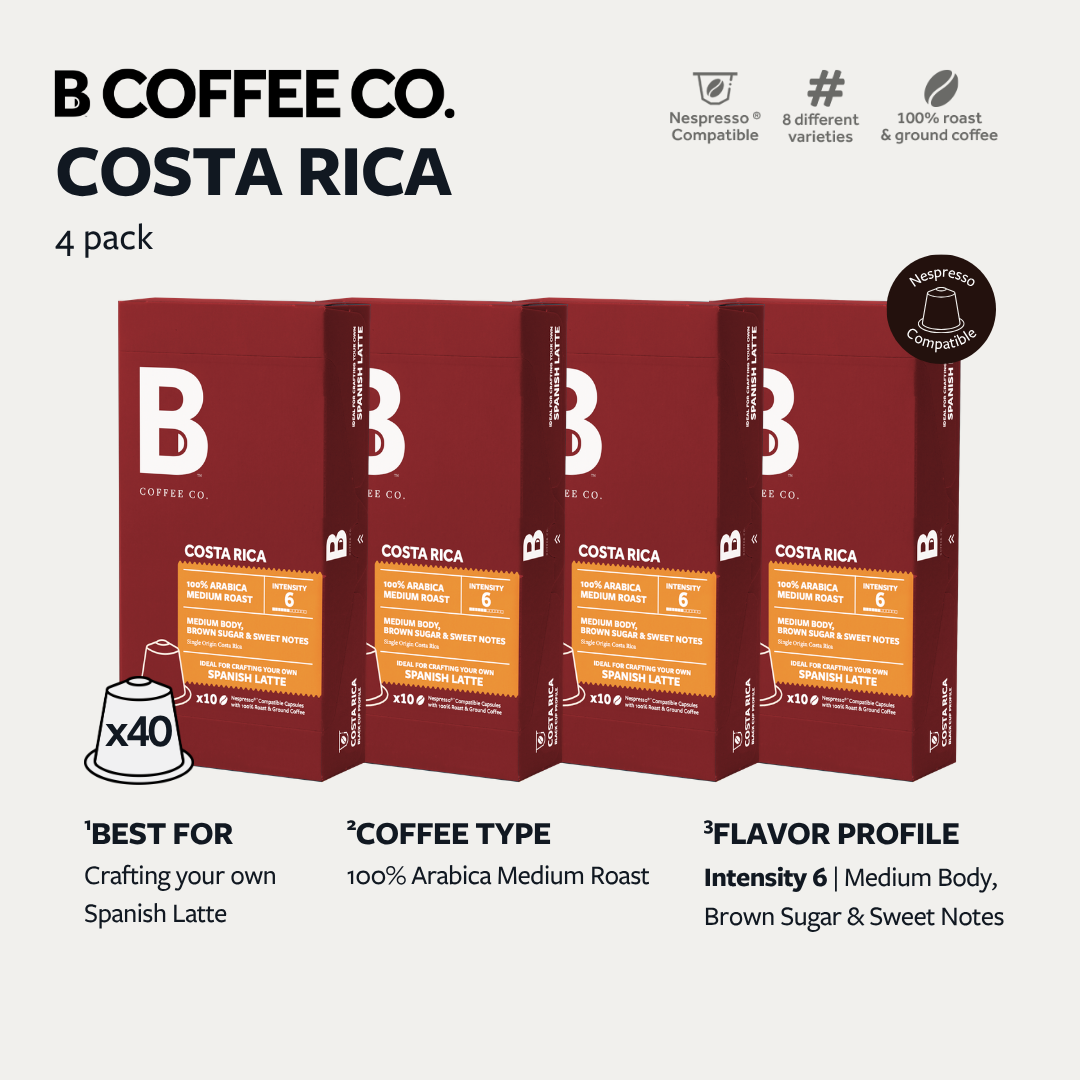 
                  
                    B Coffee Co. Costa Rica Spanish Latte Nespresso Compatible Coffee Capsules 10 Pods per Pack
                  
                