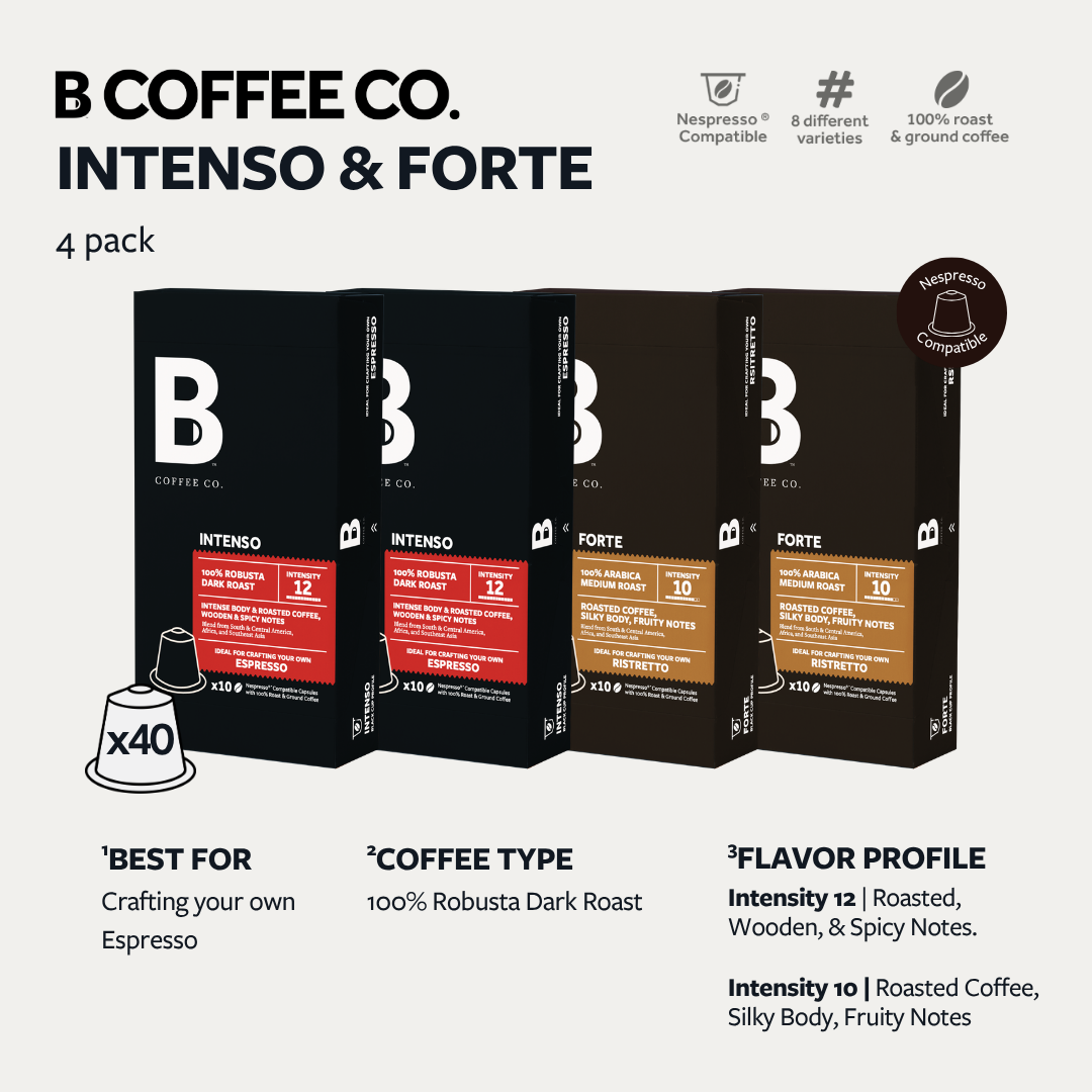 
                  
                    B Coffee Co. Intenso & Forte Nespresso Compatible Coffee Capsules 10 Pods per Pack
                  
                
