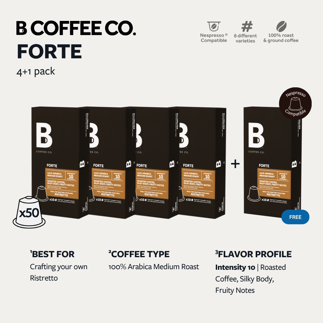 
                  
                    B Coffee Co. Forte Ristretto Nespresso Compatible Coffee Capsules 10 Pods x 4 Packs + 1 FREE
                  
                