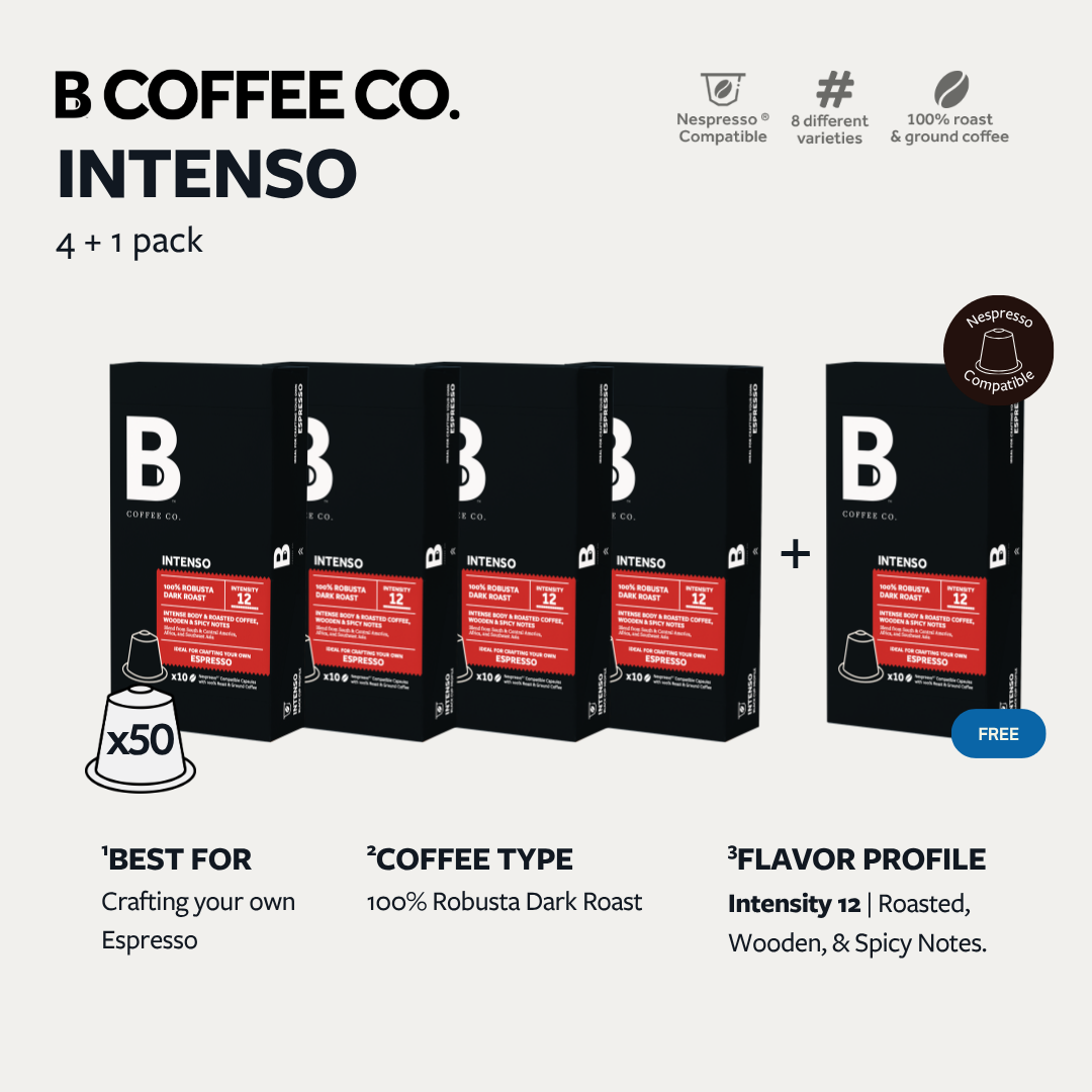 
                  
                    B Coffee Co. Intenso Espresso Nespresso Compatible Coffee Capsules 10 Pods x 4 Packs + 1 FREE
                  
                