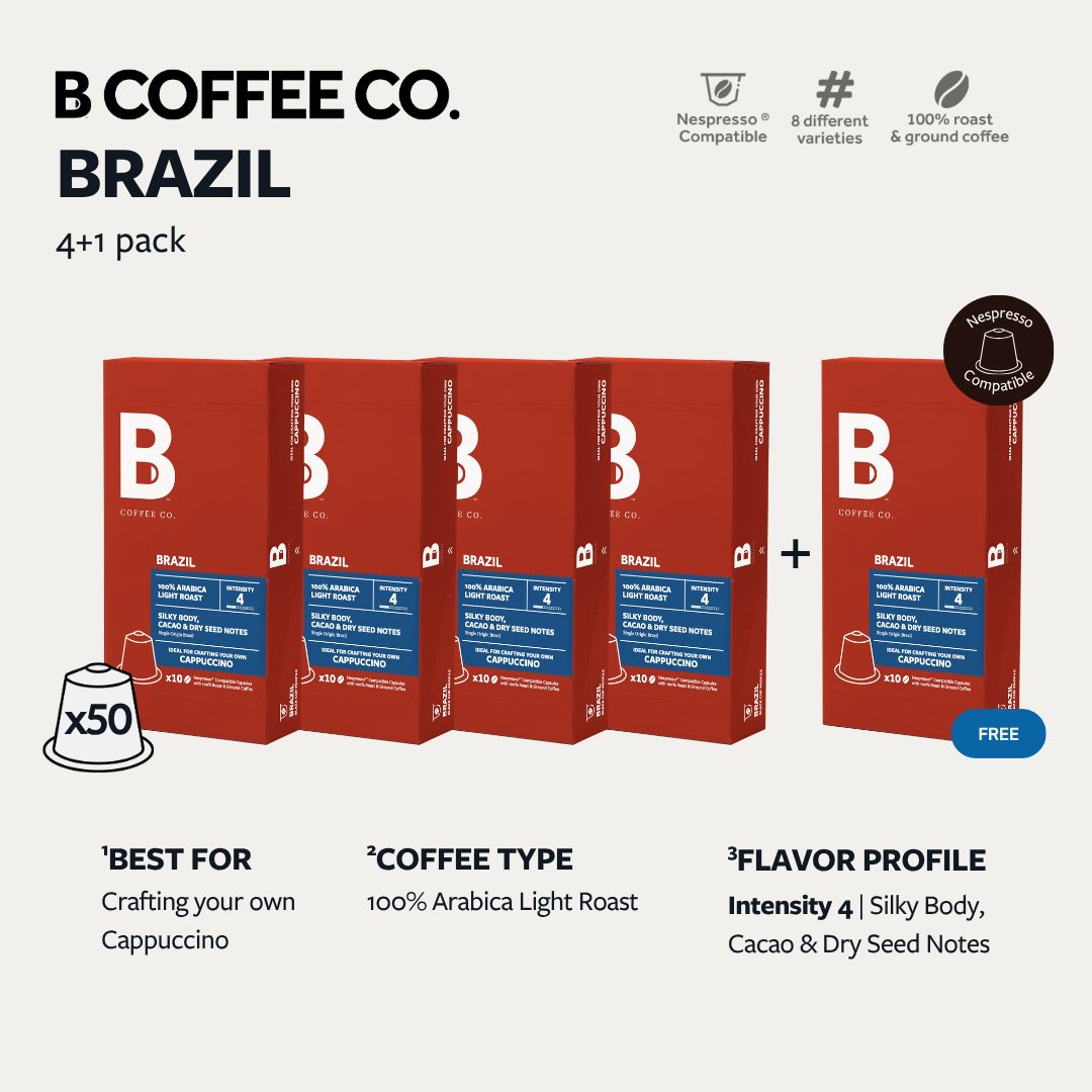 
                  
                    B Coffee Co. Brazil Cappuccino Nespresso Compatible Coffee Capsules 10 Pods per Pack
                  
                
