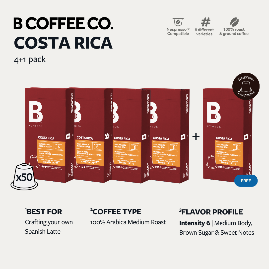 
                  
                    B Coffee Co. Costa Rica Spanish Latte Nespresso Compatible Coffee Capsules 10 Pods per Pack
                  
                