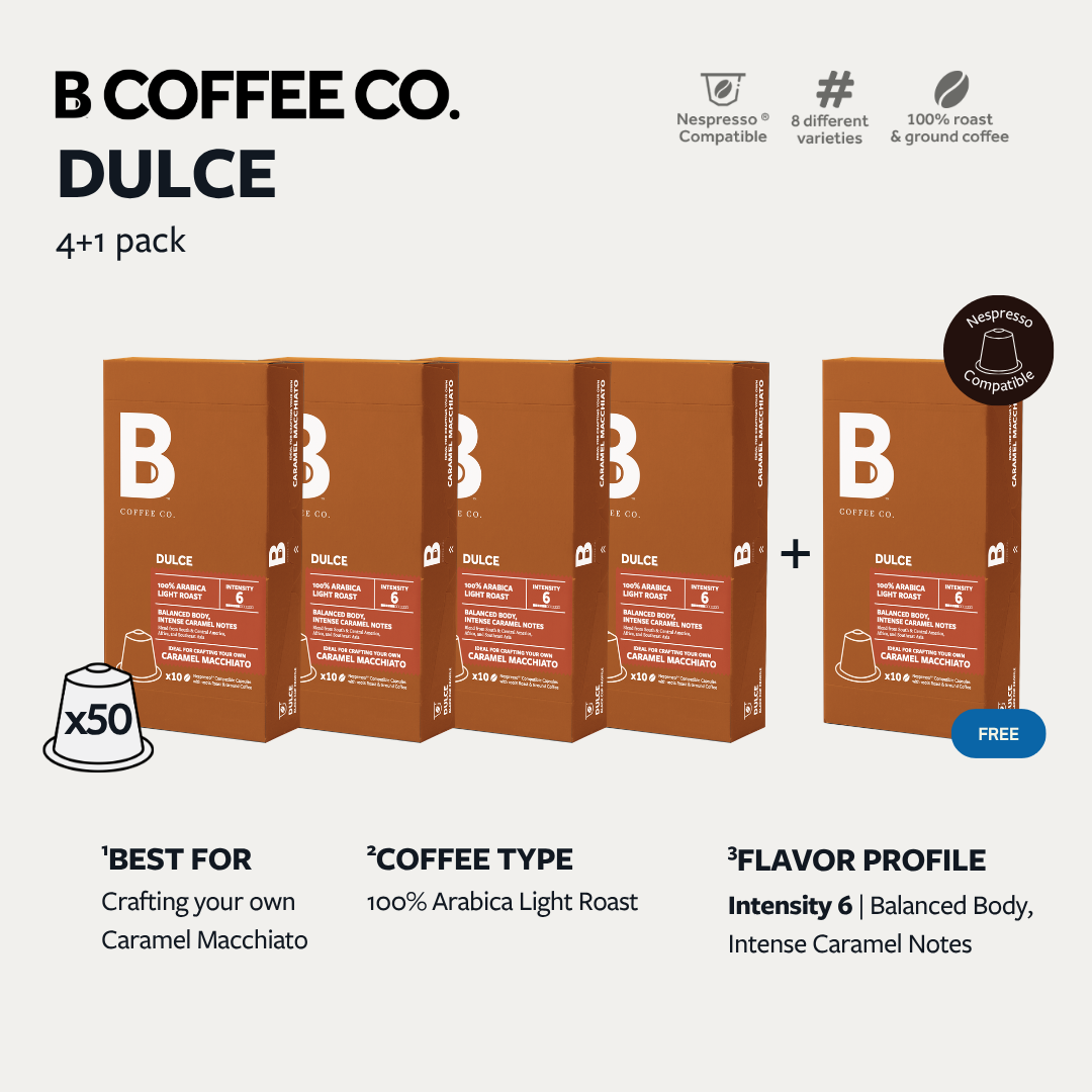 
                  
                    B Coffee Co. Dulce Caramel Macchiato Nespresso Compatible Coffee Capsules 10 Pods per Pack
                  
                