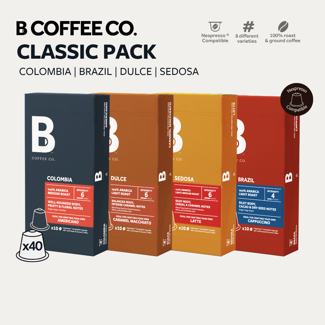 
                  
                    B Coffee Co. Classic Capsule Bundle, Pack of 4 - Colombia, Dulce, Sedosa, Brazil
                  
                