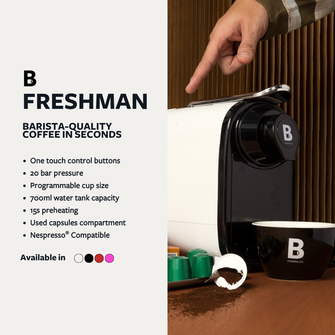 
                  
                    B Coffee Co. Freshman V1, Nespresso Compatible Coffee Capsule Machine with Varsity Frother
                  
                