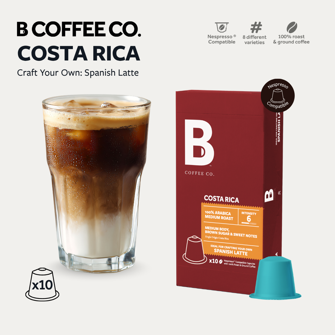 
                  
                    B Coffee Co. Costa Rica Spanish Latte Nespresso Compatible Coffee Capsules 10 Pods per Pack
                  
                