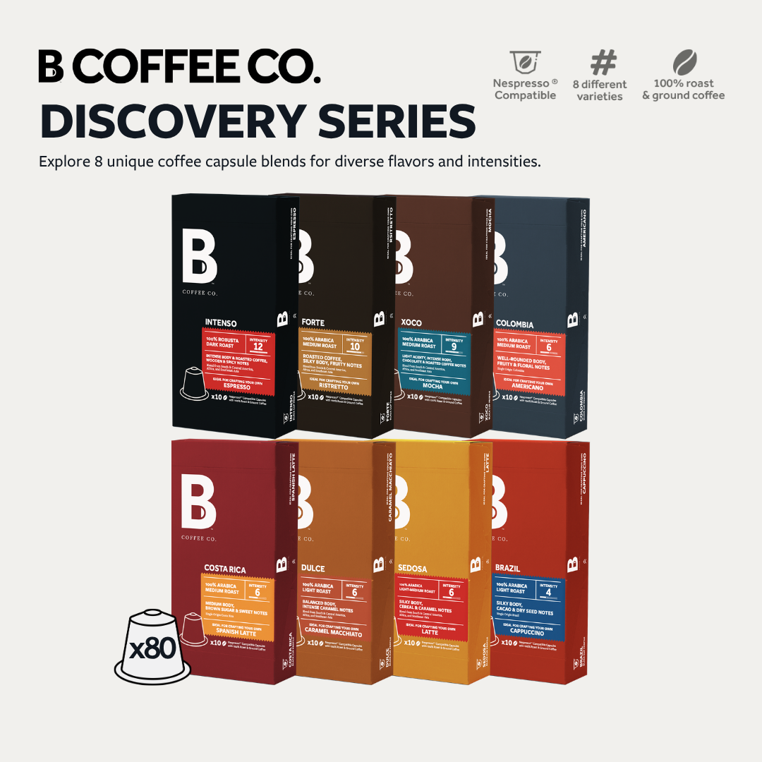 
                  
                    B Coffee Co. Discovery Bundle Pack, Nespresso Compatible Coffee Capsules 10 Pods x 8 Packs
                  
                