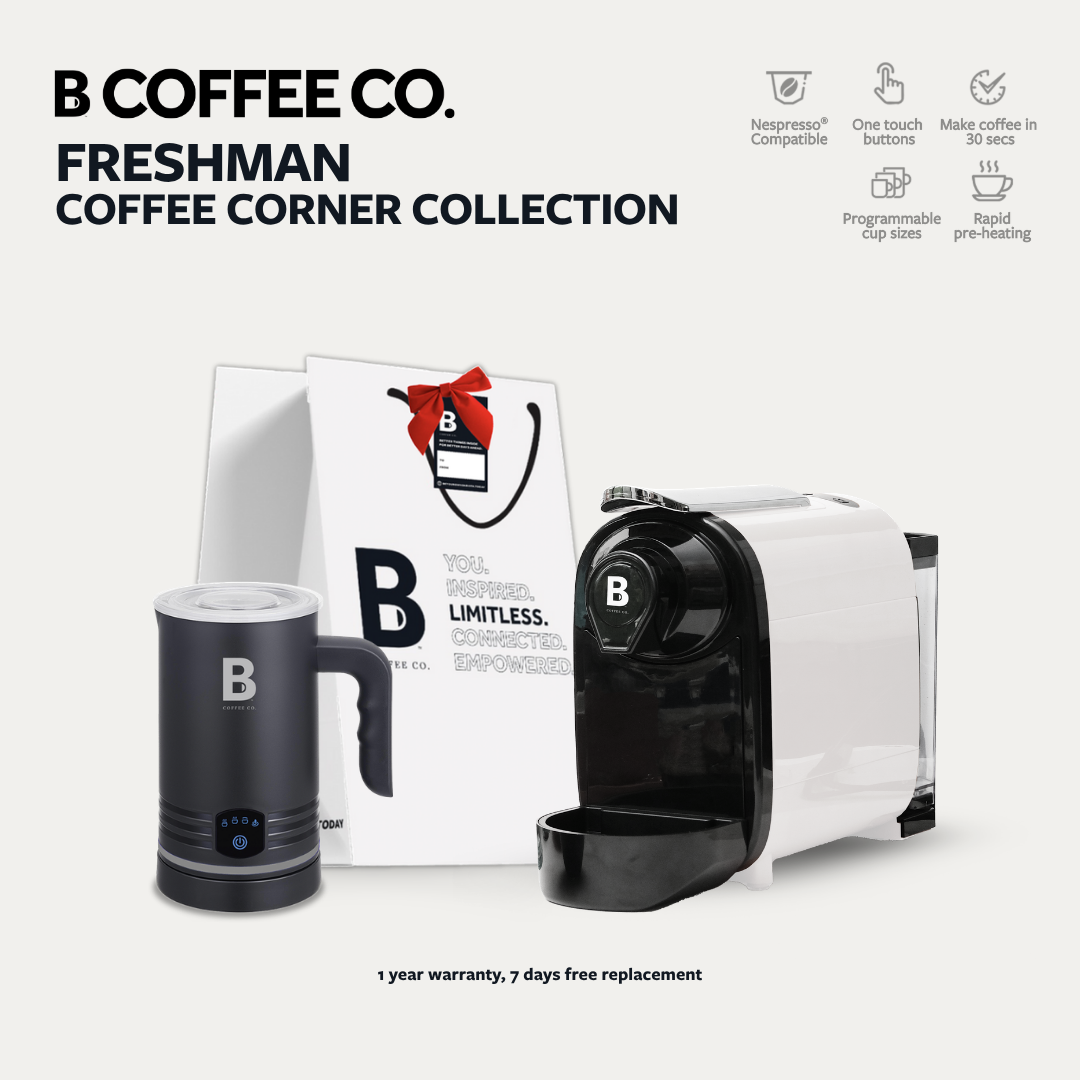 
                  
                    B Coffee Co. Freshman V1 Coffee Corner Collection, Coffee Capsule Machine with Varsity Frother
                  
                
