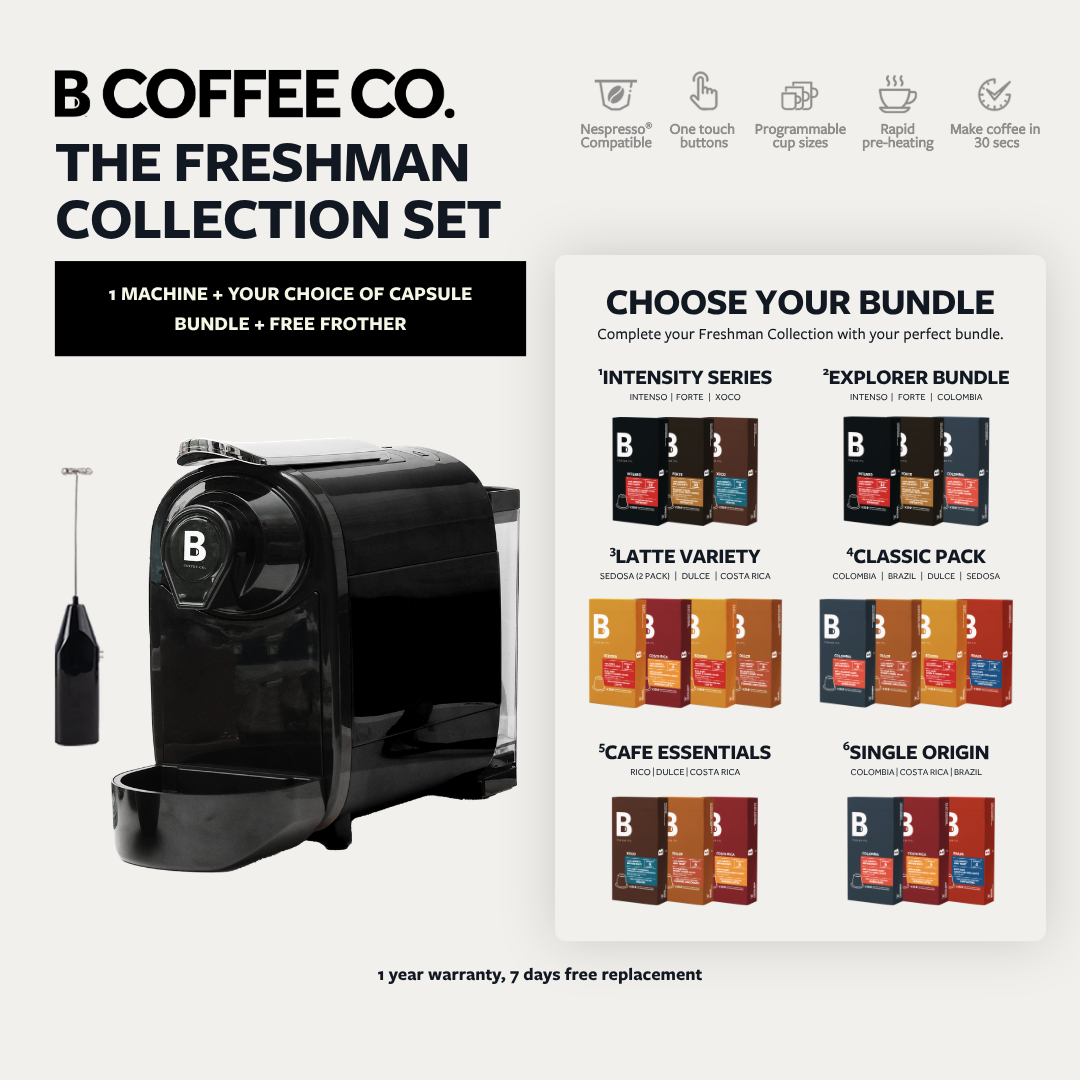 
                  
                    B Coffee Co. Freshman Collection Set, Nespresso Compatible, with Capsule Variety Pack + Milk Frother
                  
                