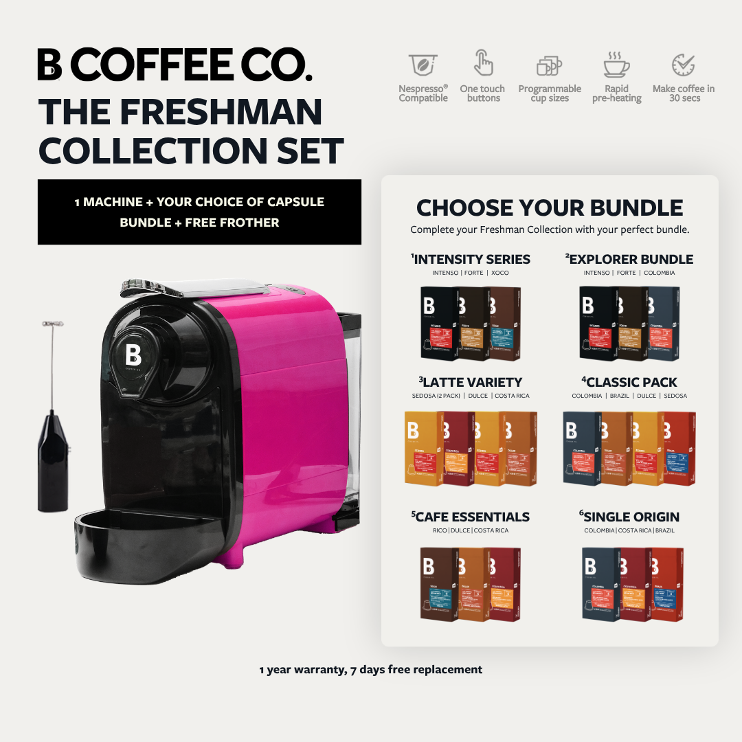 
                  
                    B Coffee Co. Freshman Collection Set, Nespresso Compatible, with Capsule Variety Pack + Milk Frother
                  
                
