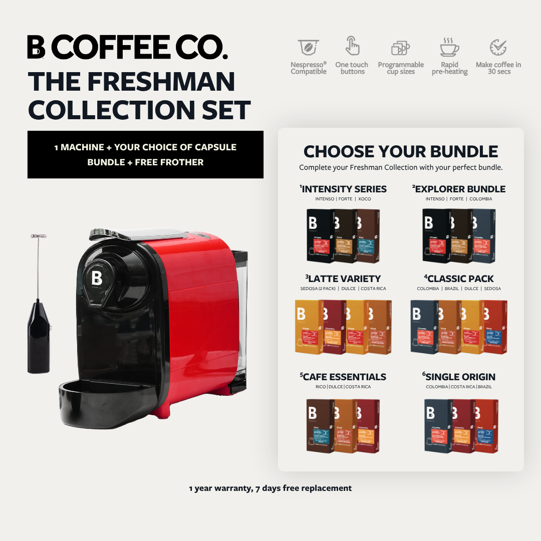 
                  
                    B Coffee Co. Freshman Collection Set, Nespresso Compatible, with Capsule Variety Pack + Milk Frother
                  
                