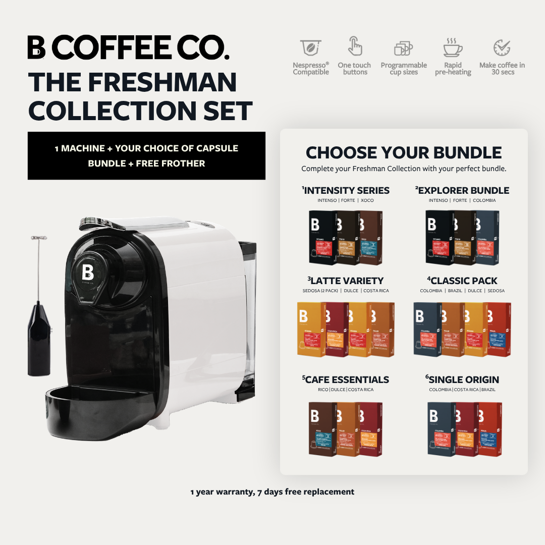 
                  
                    B Coffee Co. Freshman Collection Set, Nespresso Compatible, with Capsule Variety Pack + Milk Frother
                  
                