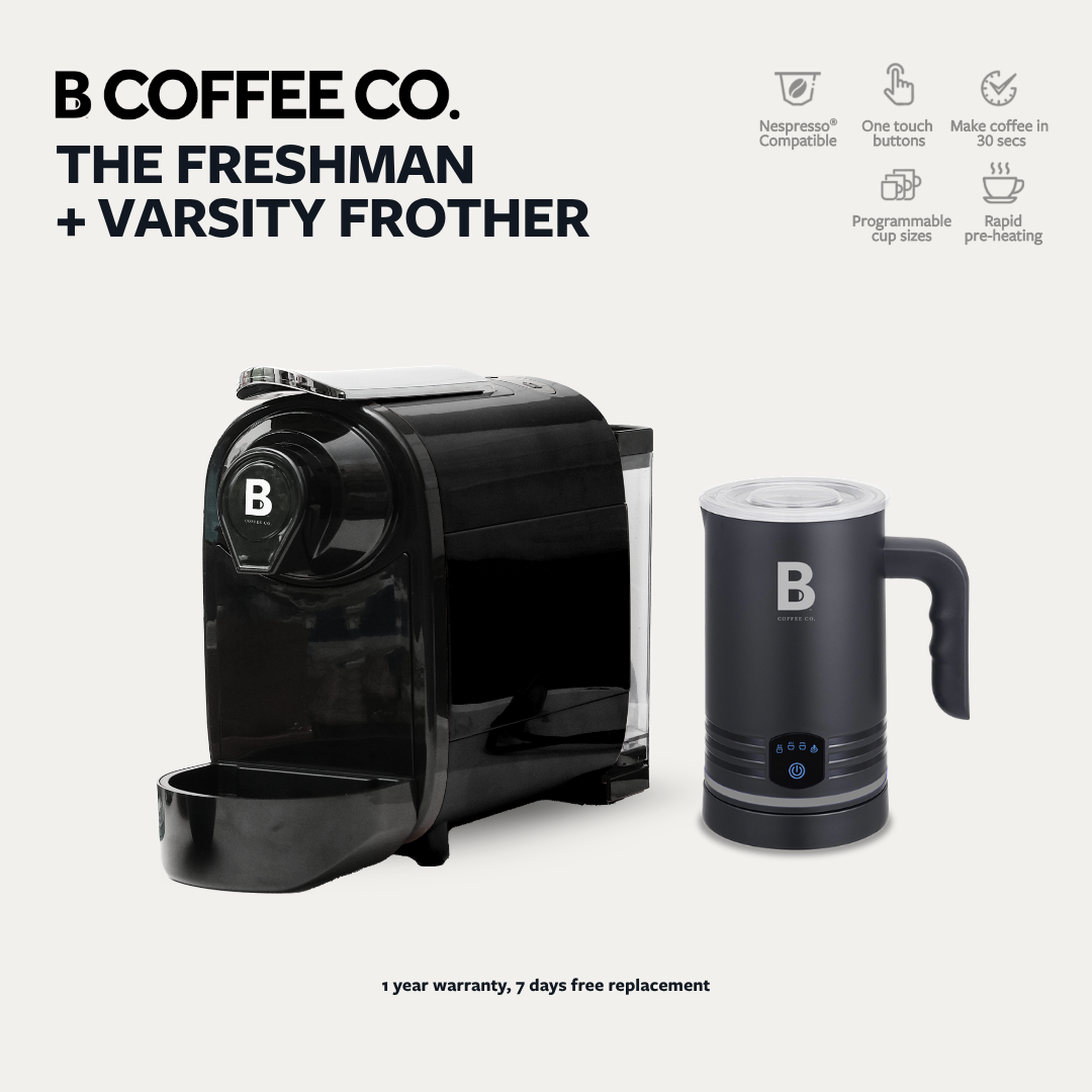 
                  
                    B Coffee Co. Freshman V1, Nespresso Compatible Coffee Capsule Machine with Varsity Frother
                  
                