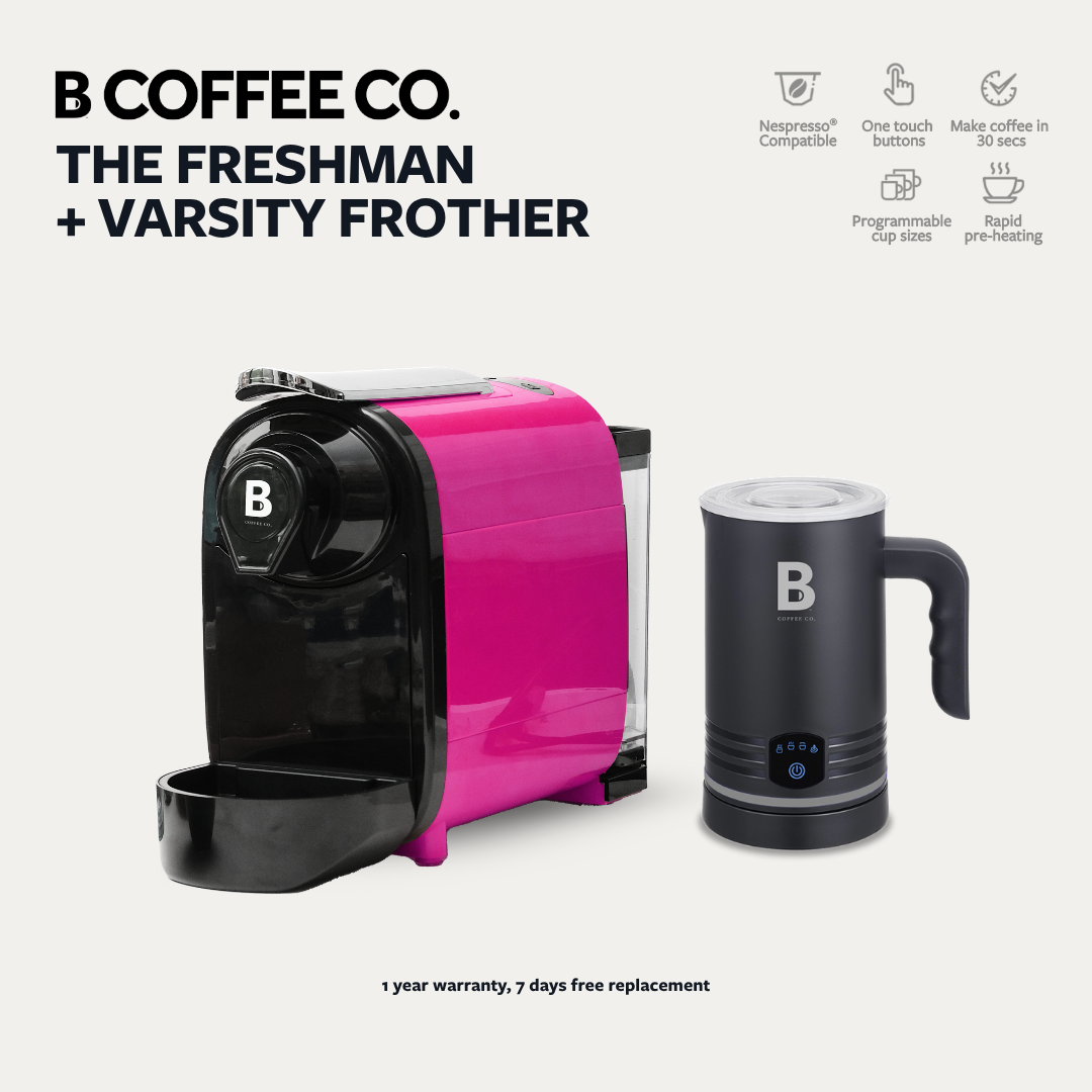 
                  
                    B Coffee Co. Freshman V1, Nespresso Compatible Coffee Capsule Machine with Varsity Frother
                  
                