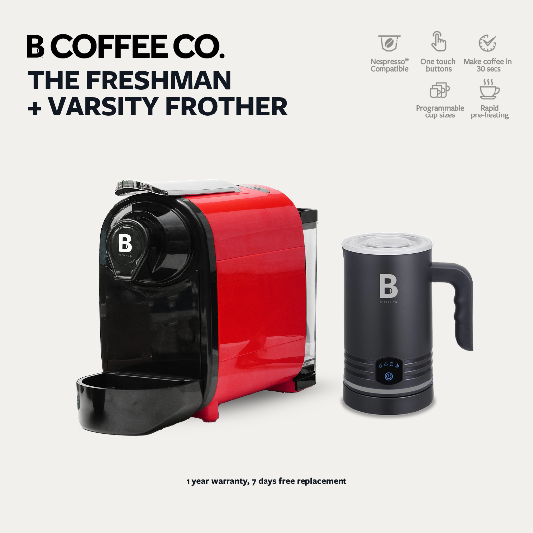 
                  
                    B Coffee Co. Freshman V1, Nespresso Compatible Coffee Capsule Machine with Varsity Frother
                  
                