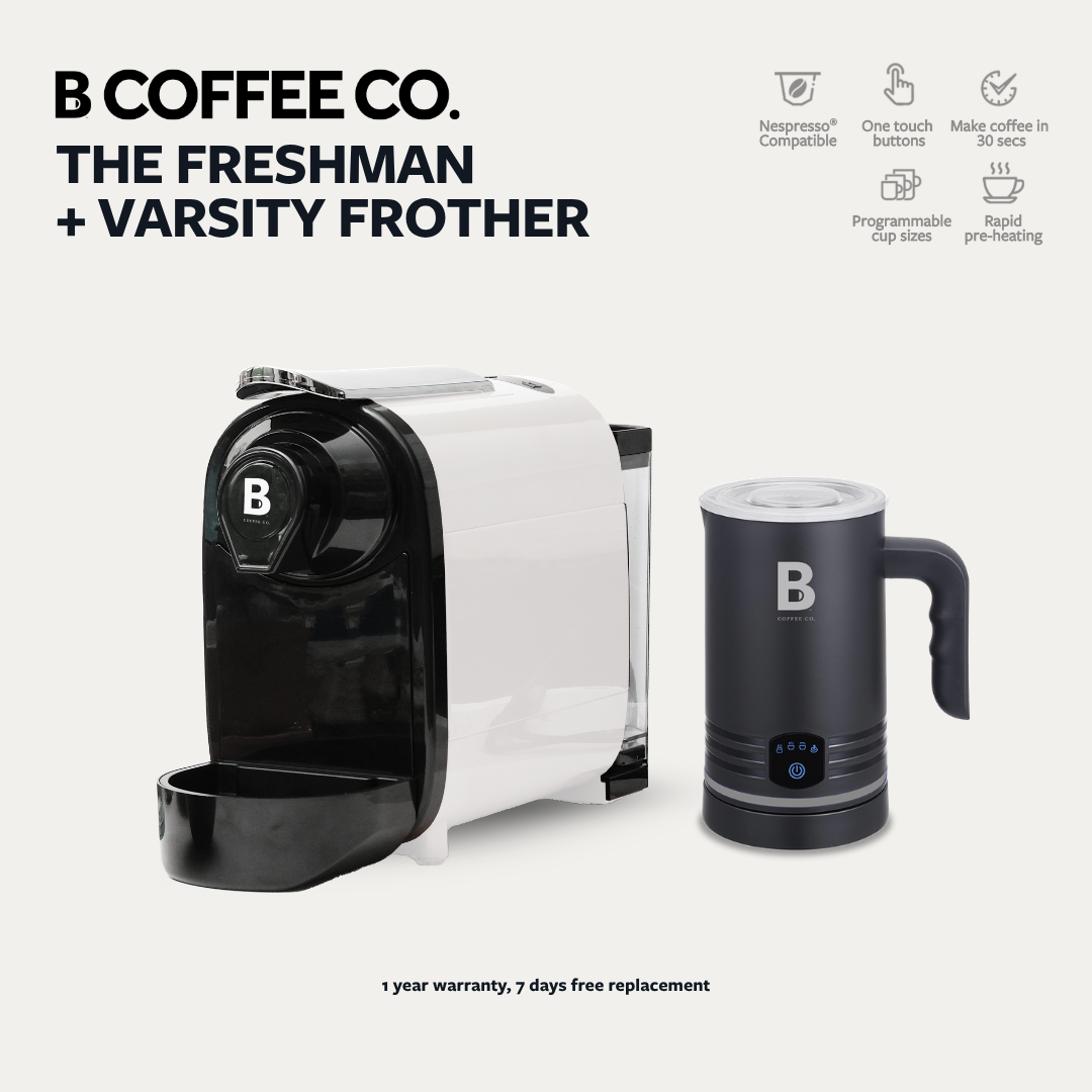 
                  
                    B Coffee Co. Freshman V1, Nespresso Compatible Coffee Capsule Machine with Varsity Frother
                  
                