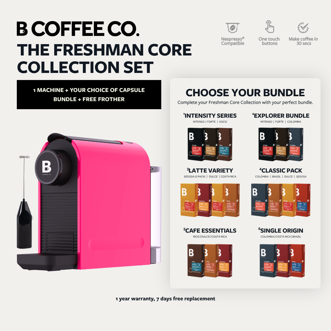 
                  
                    B Coffee Co. Freshman Core Collection Set, Nespresso Compatible, with Capsule Variety Pack + Milk Frother
                  
                