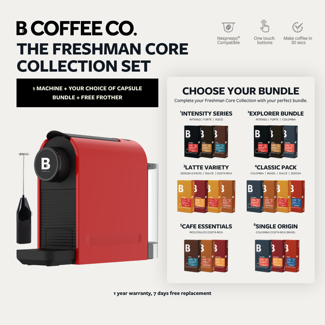 
                  
                    B Coffee Co. Freshman Core Collection Set, Nespresso Compatible, with Capsule Variety Pack + Milk Frother
                  
                