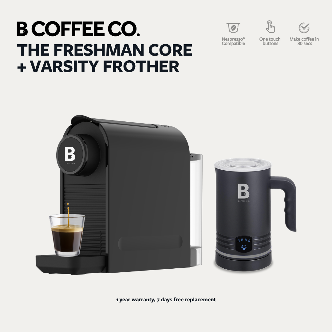 
                  
                    B Coffee Co. Freshman Core, Nespresso Compatible Coffee Capsule Machine with Varsity Frother
                  
                