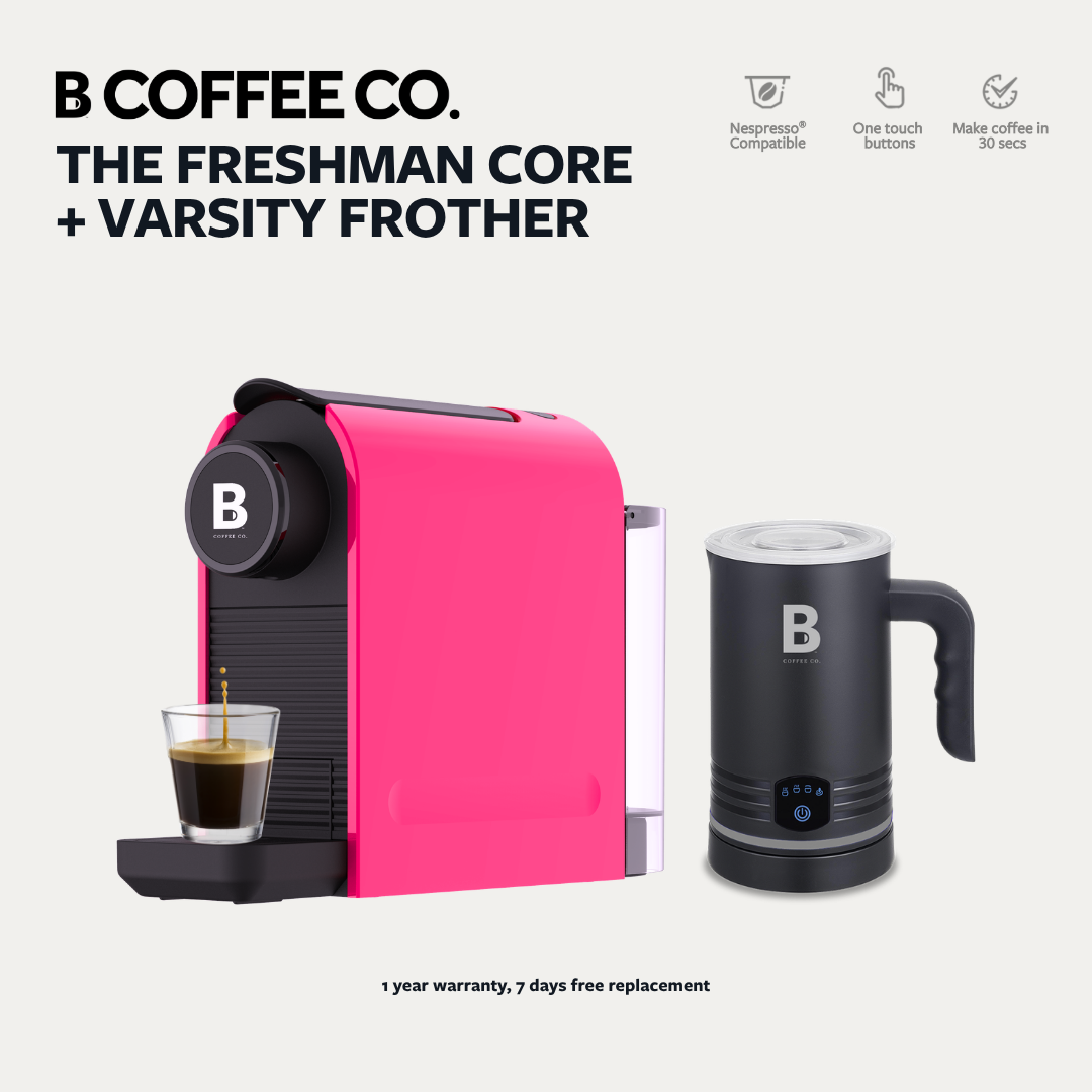 
                  
                    B Coffee Co. Freshman Core, Nespresso Compatible Coffee Capsule Machine with Varsity Frother
                  
                