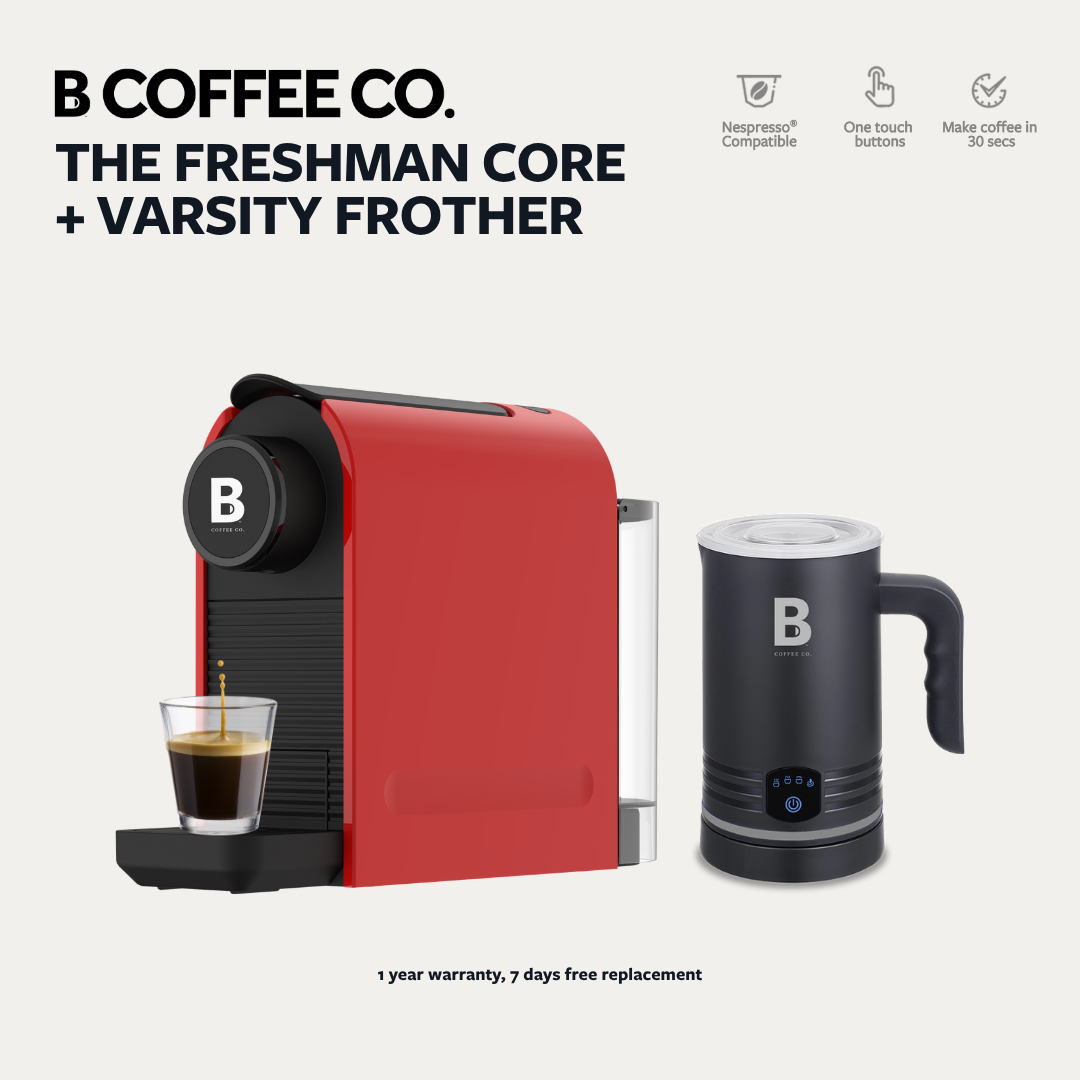 
                  
                    B Coffee Co. Freshman Core, Nespresso Compatible Coffee Capsule Machine with Varsity Frother
                  
                