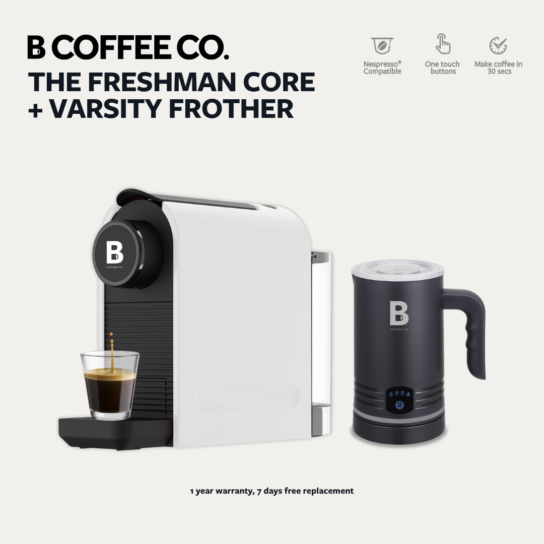 
                  
                    B Coffee Co. Freshman Core, Nespresso Compatible Coffee Capsule Machine with Varsity Frother
                  
                
