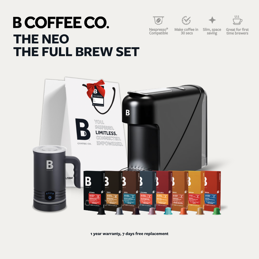 
                  
                    B Coffee Co. Neo Full Brew Set, Coffee Capsule Machine with Varsity Frother & Discovery Pack
                  
                